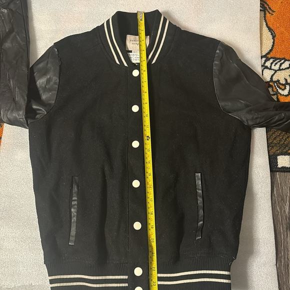 Forever 21 Faux Leather Black/White Moto Varsity Bomber Jacket S Thriller Biker - Picture 10 of 14